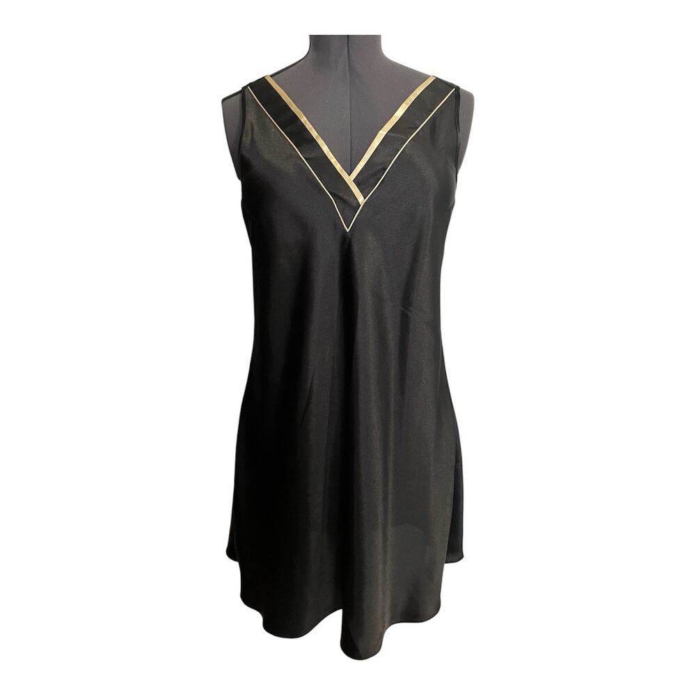 Jones New York Satin Deep Plunge Slip Dress Black Sz L Vintage 1990s Glam Party